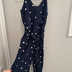 Loft Navy Blue Polka Dot Capri Jumpsuit Petite Size 0
